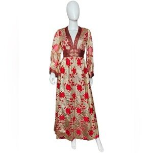 1970s Bill Blass Gold Lame & Red Silk Metallic Dress